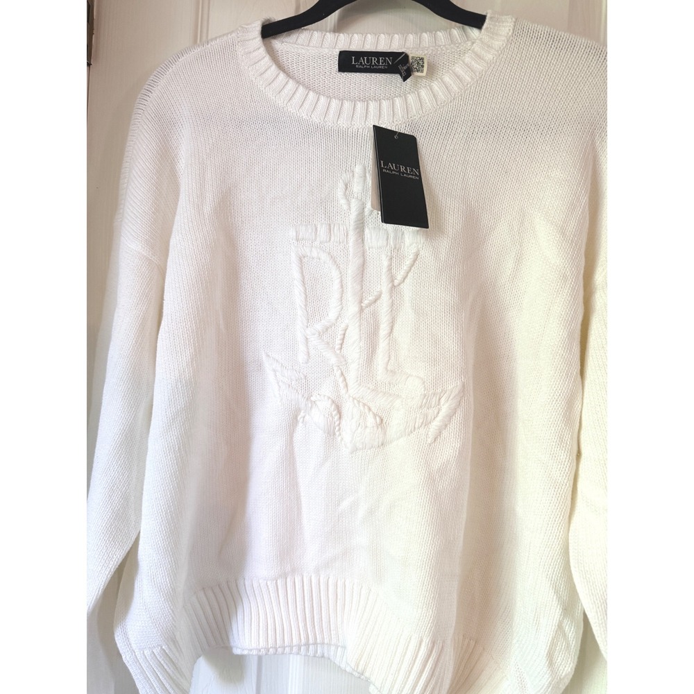 Lauren Ralph Lauren Cream Crewneck Sweater with Embossed Logo - Picture 3 of 5